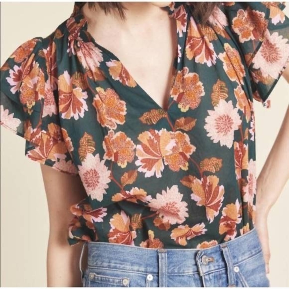 Trovata Clover Blouse Carnation Green Floral Cotton Flutter Sleeve Top XS Boho‎